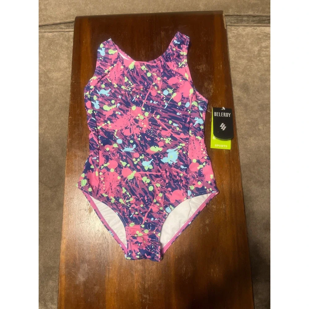 Beleroy Sports Girls One Piece Swimsuit Paint Splatter Pink Purple Size 10 NWT
